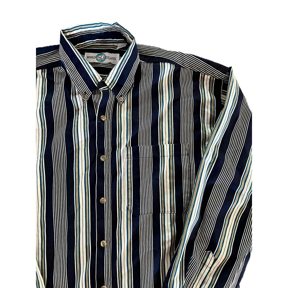 World Island Blue White Tan Long Sleeve Button Shirt Mens Medium Cotton Collared